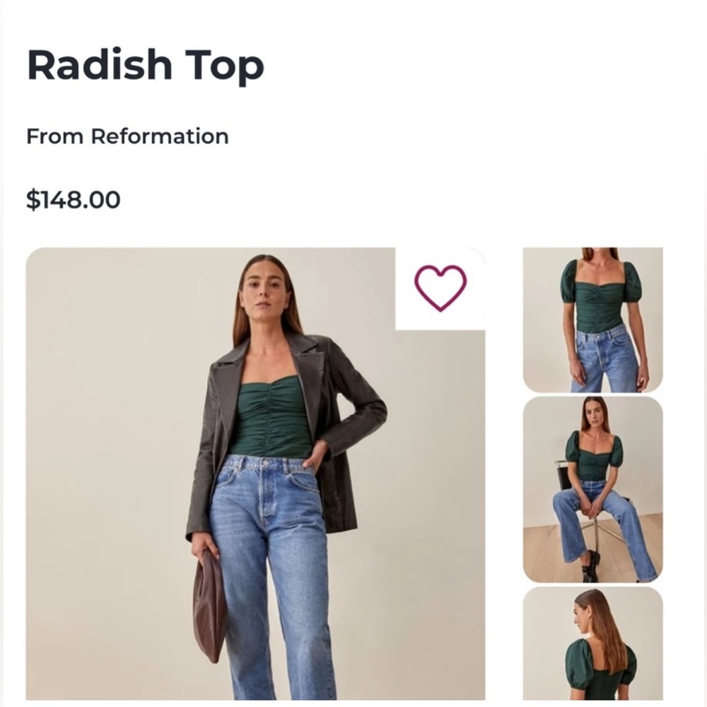 Reformation Radish Top in Forest Green Ruched Puff Sleeve Smocked Cotton Size 6 - Picture 2 of 6